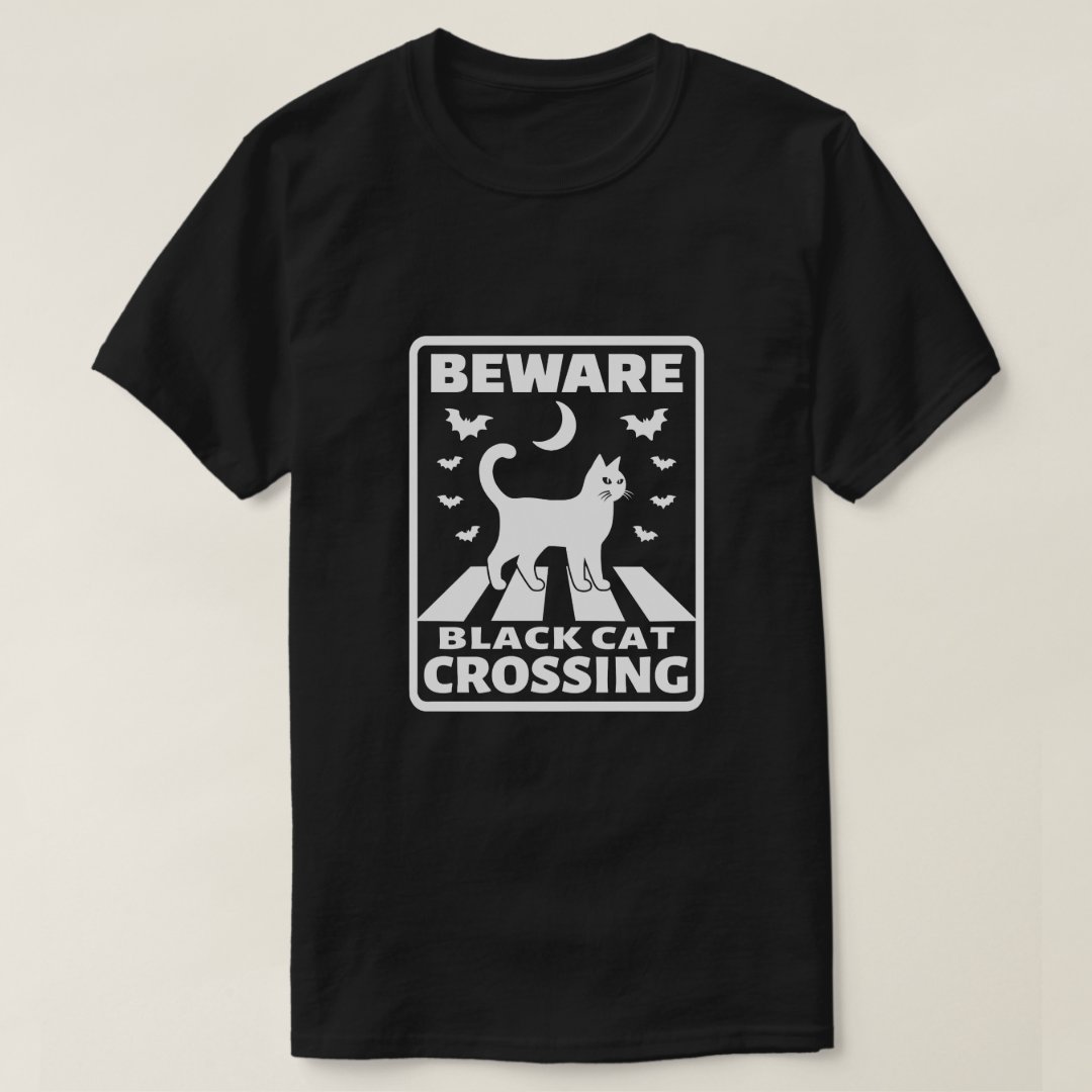 Halloween Beware Black Cat Crossing Printed T-Shirt