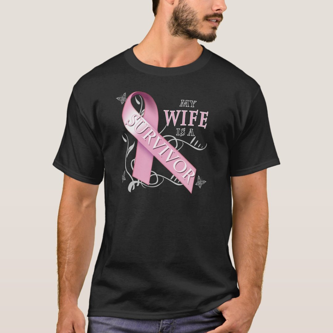 Breast Cancer Awareness My Wife Is A Survivor Printed T-Shirt