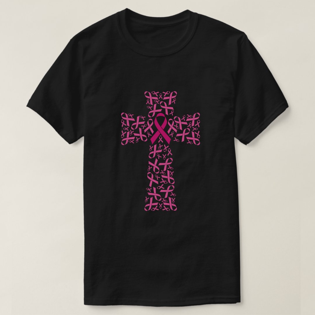 Ribbon And Cross Breast Cancer Awareness Printed T-Shirt