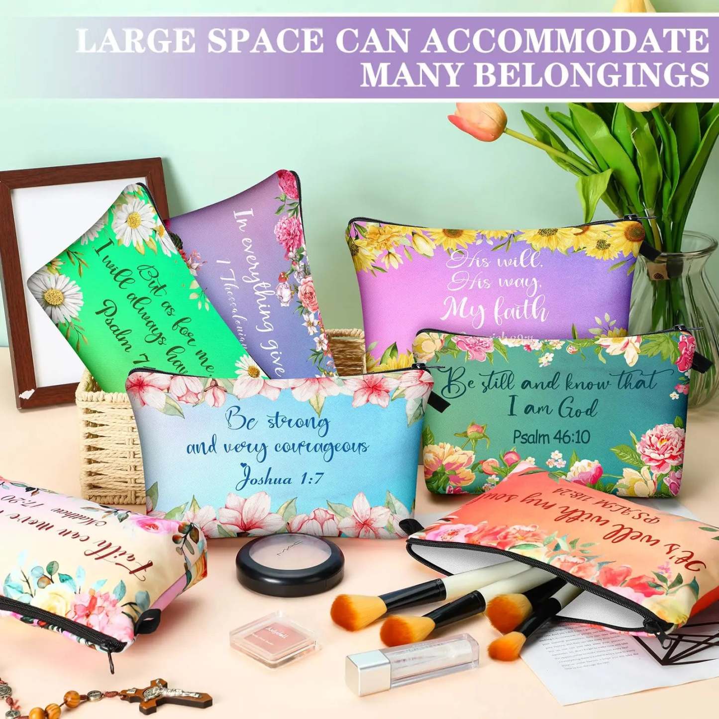 Christian Makeup Bag Gift for Women Bulk Faith Pocket Bag with Bible Verse Floral Pattern