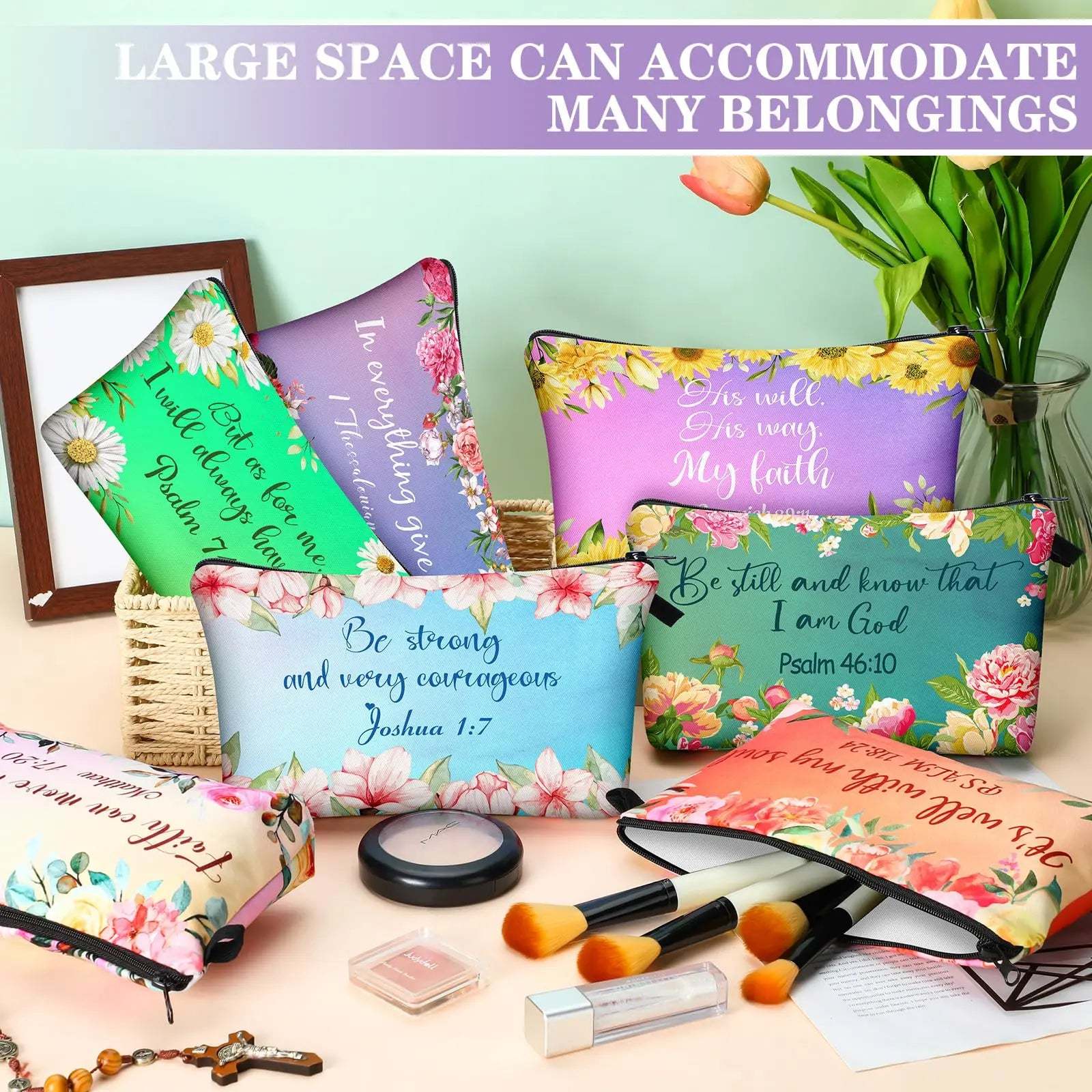 Christian Makeup Bag Gift for Women Bulk Faith Pocket Bag with Bible Verse Floral Pattern