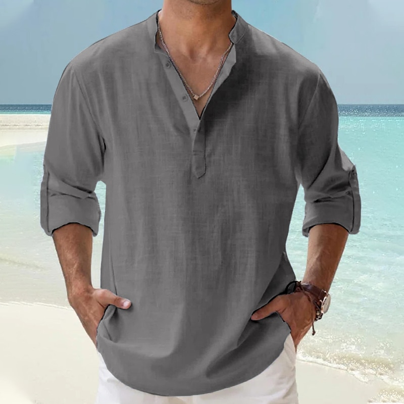 Men's Linen Shirt Popover Shirt Casual Shirt Beach Shirt Band Collar Shirt Plain Beach Vacation Blue Black White Pink Long Sleeve Henley Spring & Summer Clothing Apparel 2026 - $22.99 –P13