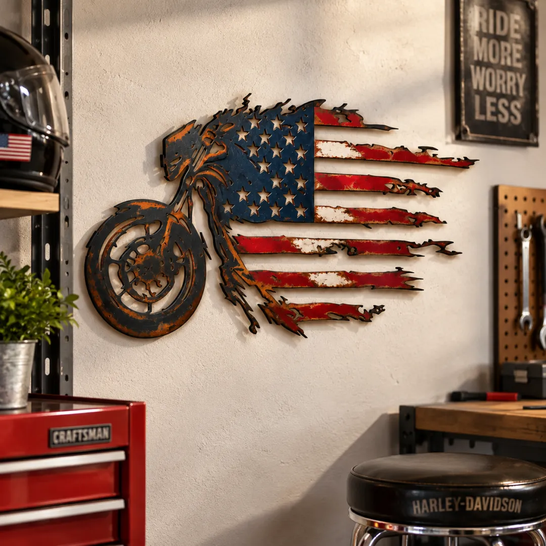 Patriotic Motorcycle American Flag Metal Wall Art