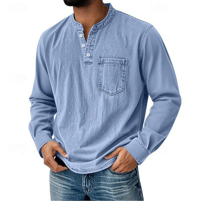 Men's Acid Wash Cotton Tank – long-Sleeve Henley with Pocket & Buttons