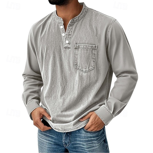 Men's Acid Wash Cotton Tank – long-Sleeve Henley with Pocket & Buttons
