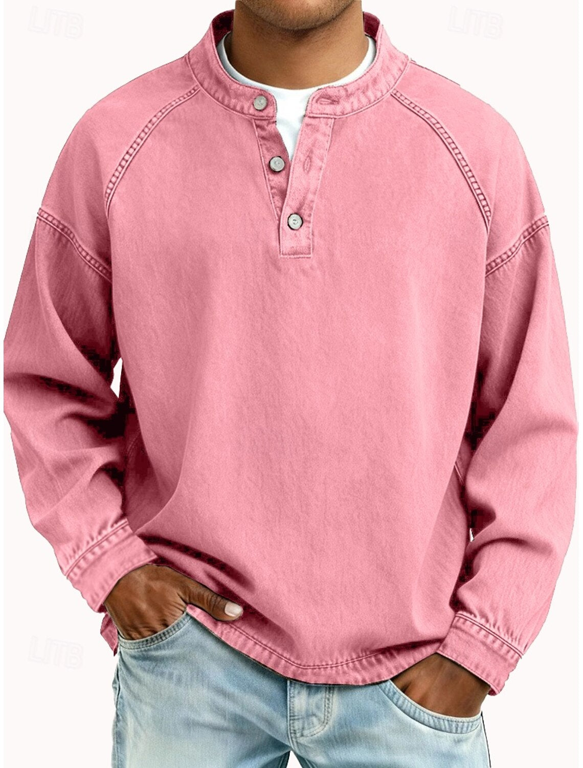 Men's 100% Cotton Acid Wash Long Sleeve Henley Shirt 