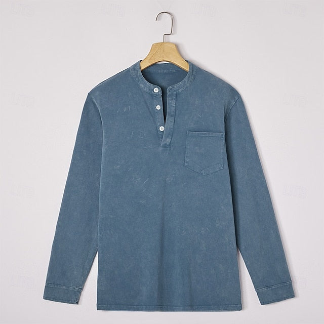 Men's Acid Wash Cotton Tank – long-Sleeve Henley with Pocket & Buttons