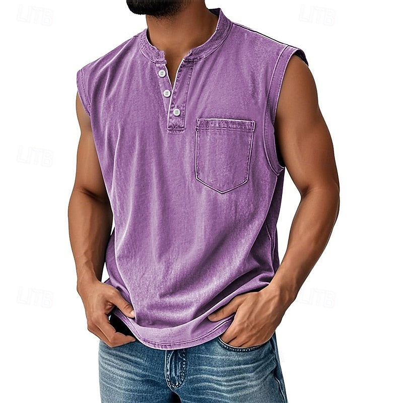 Men's Acid Wash Cotton Tank – Sleeveless Henley with Pocket & Buttons
