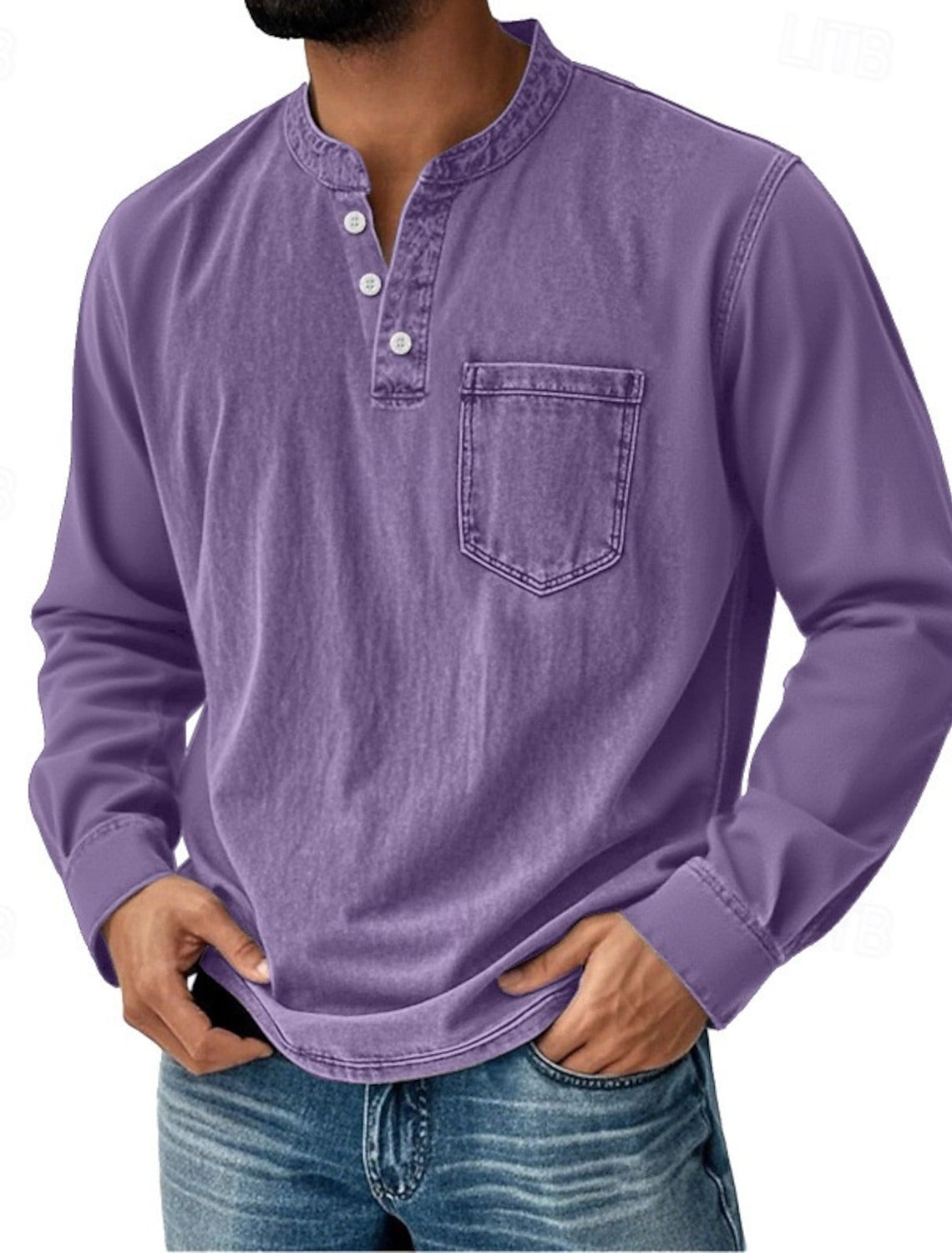 Men's Acid Wash Cotton Tank – long-Sleeve Henley with Pocket & Buttons
