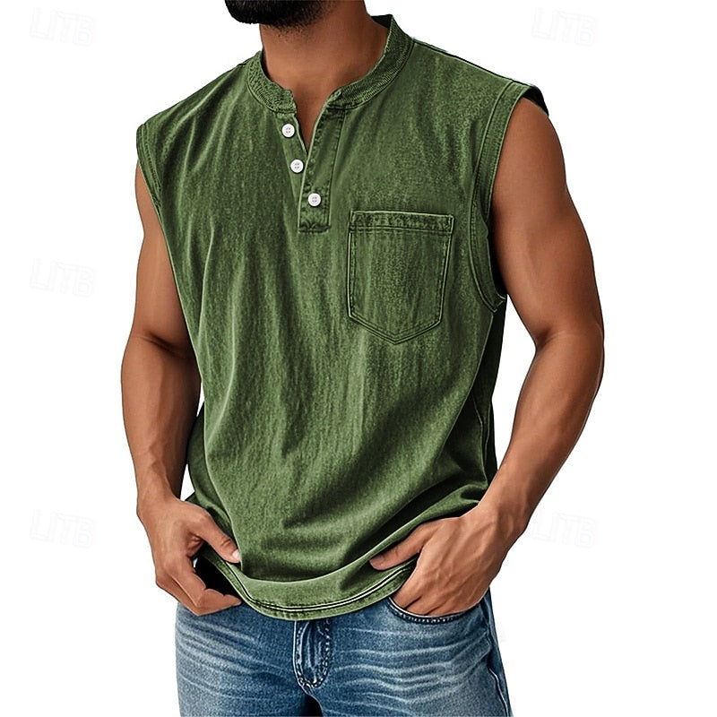 Men's Acid Wash Cotton Tank – Sleeveless Henley with Pocket & Buttons