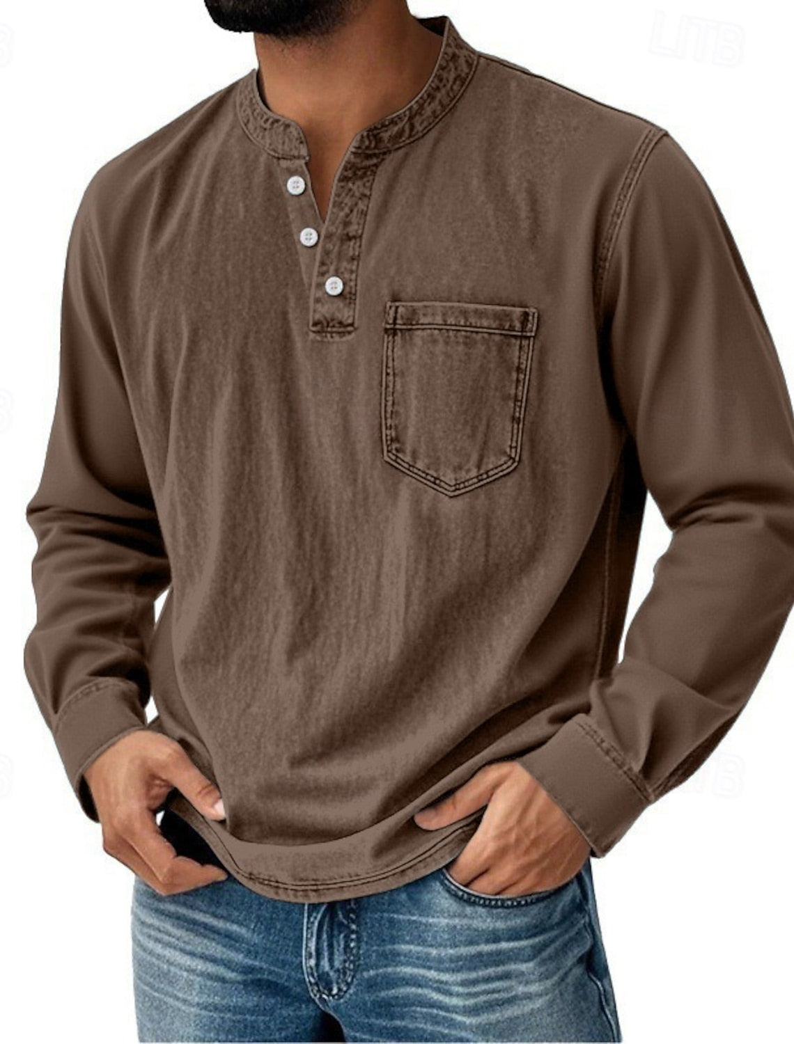 Men's Acid Wash Cotton Tank – long-Sleeve Henley with Pocket & Buttons