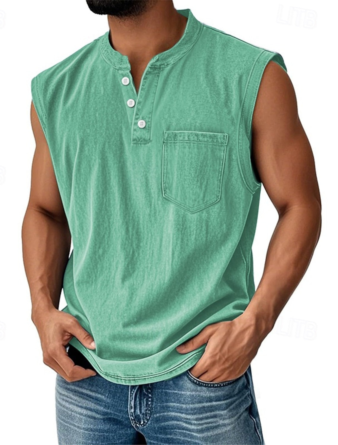 Men's Acid Wash Cotton Tank – Sleeveless Henley with Pocket & Buttons