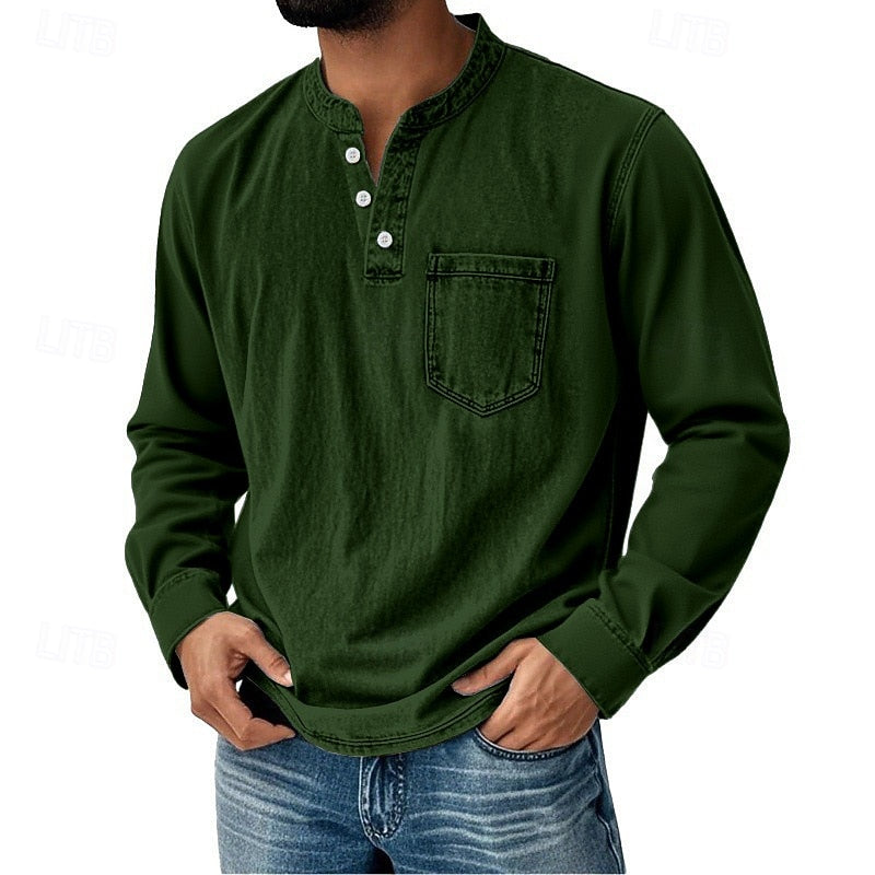 Men's Acid Wash Cotton Tank – long-Sleeve Henley with Pocket & Buttons