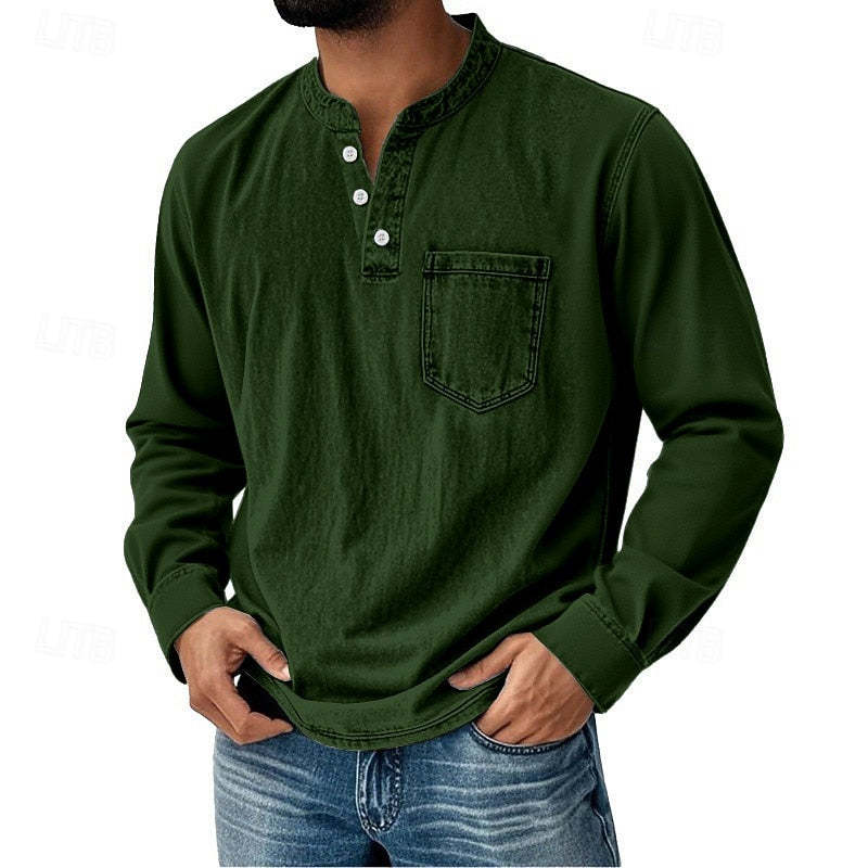 Men's Acid Wash Cotton Tank – long-Sleeve Henley with Pocket & Buttons