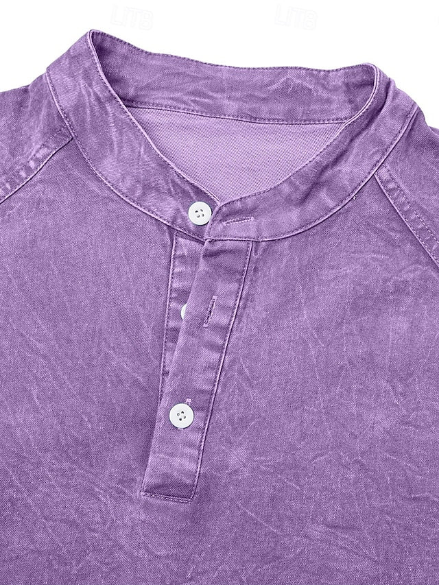 Men's 100% Cotton Acid Wash Long Sleeve Henley Shirt 