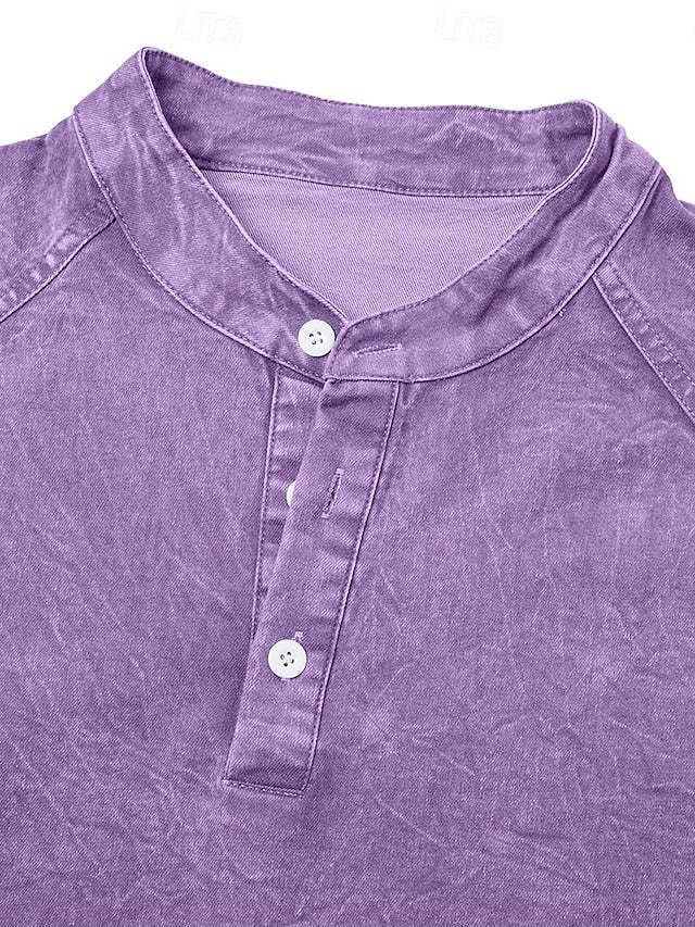 Men's 100% Cotton Acid Wash Long Sleeve Henley Shirt 