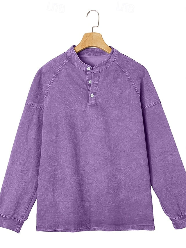 Men's 100% Cotton Acid Wash Long Sleeve Henley Shirt 