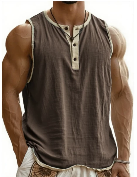 Men's Sleeveless Henley Top – Buttons, Soft Cotton, Perfect for Beach or Street