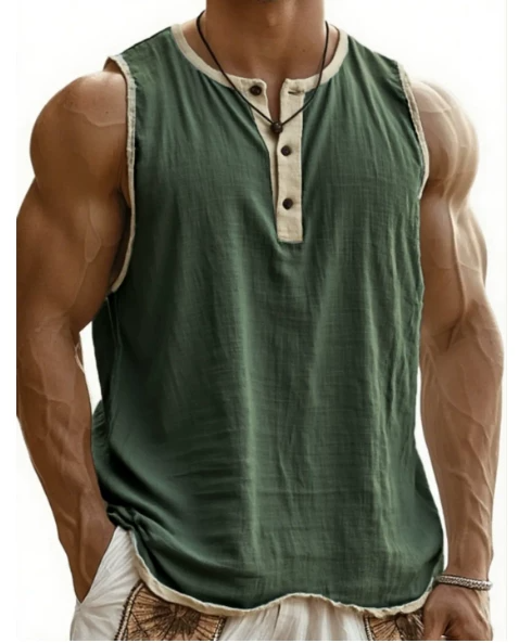 Men's Sleeveless Henley Top – Buttons, Soft Cotton, Perfect for Beach or Street