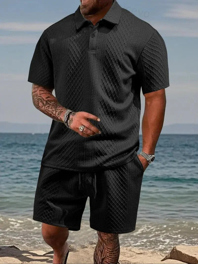 Men's 2-Piece Polo Shirt & Shorts Set Solid Casual Drawstring