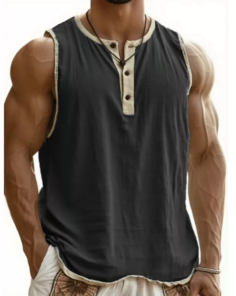 Men's Sleeveless Henley Top – Buttons, Soft Cotton, Perfect for Beach or Street
