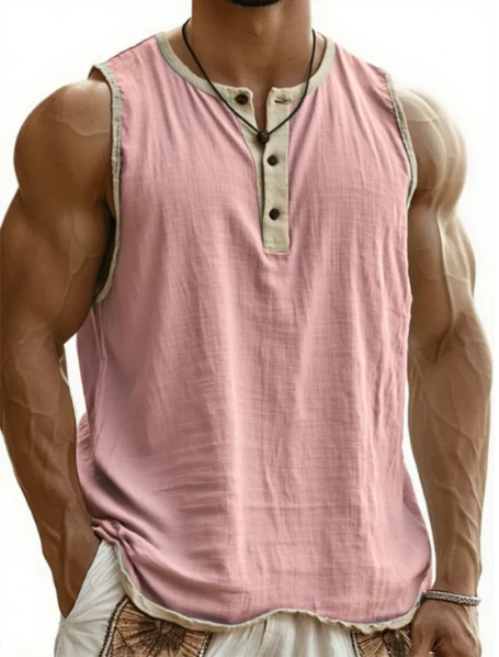 Men's Sleeveless Henley Top – Buttons, Soft Cotton, Perfect for Beach or Street