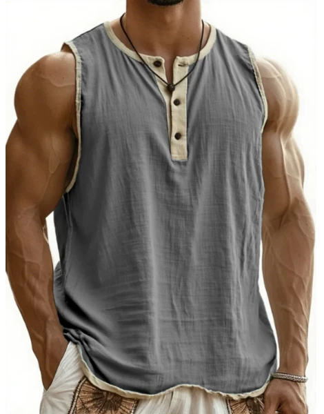 Men's Sleeveless Henley Top – Buttons, Soft Cotton, Perfect for Beach or Street