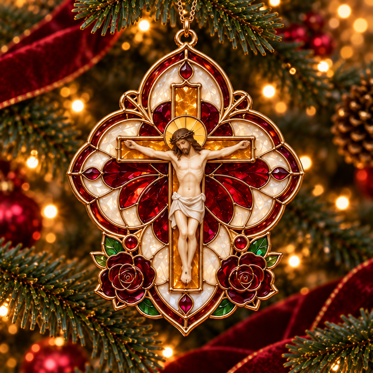 2026 Sacred Light — Vintage Stained Glass–Style Crucifix Christmas Ornaments 