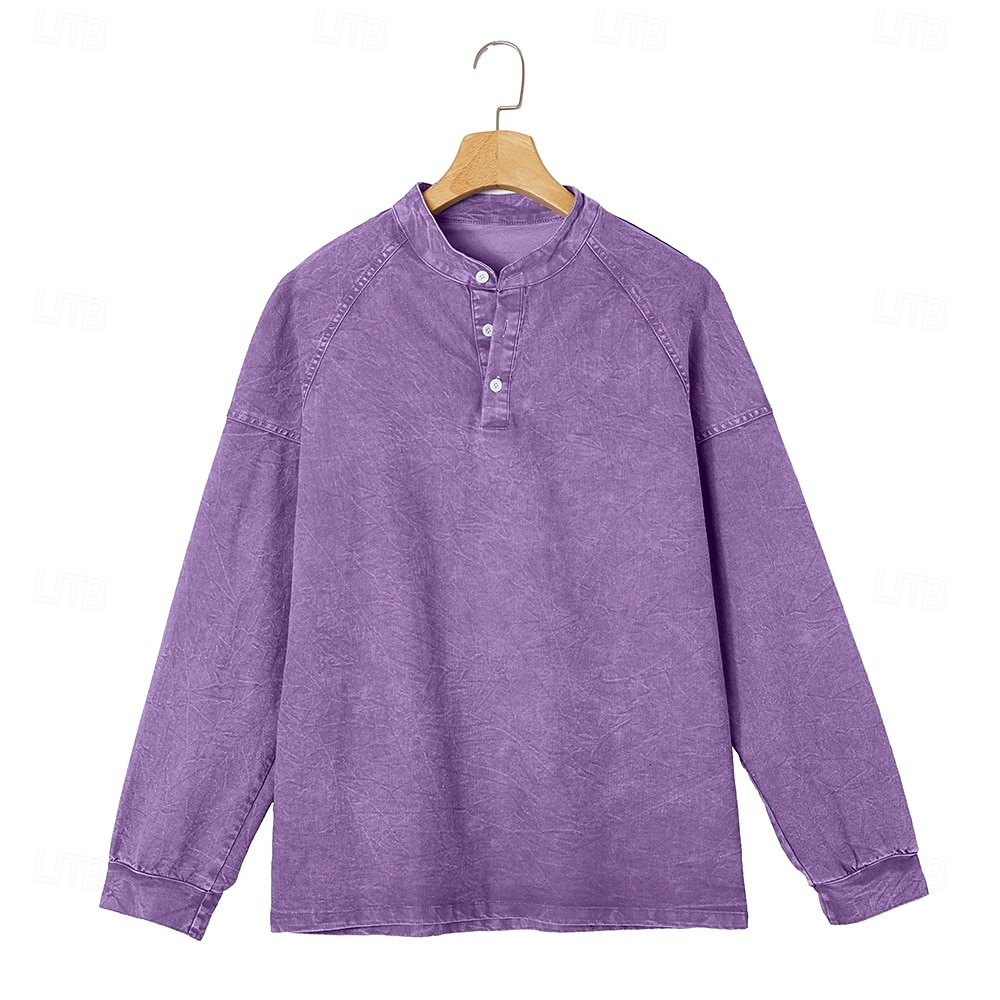 Men's T Shirt Henley Shirt 100% Cotton Acid Wash Shirt Tee Top Long Sleeve Plain Vintage Streetwear Casual Washed Raglan Sleeves Stand Collar Henley Casual Home Street Spring Fall Fall & Winter Black 2026 - $32.89 –P3