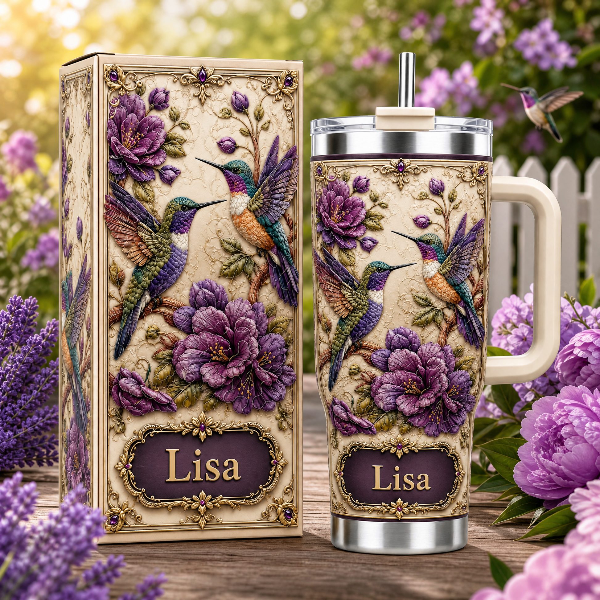 Personalized Vintage Purple Peony Hummingbird Tumbler 🐦💜