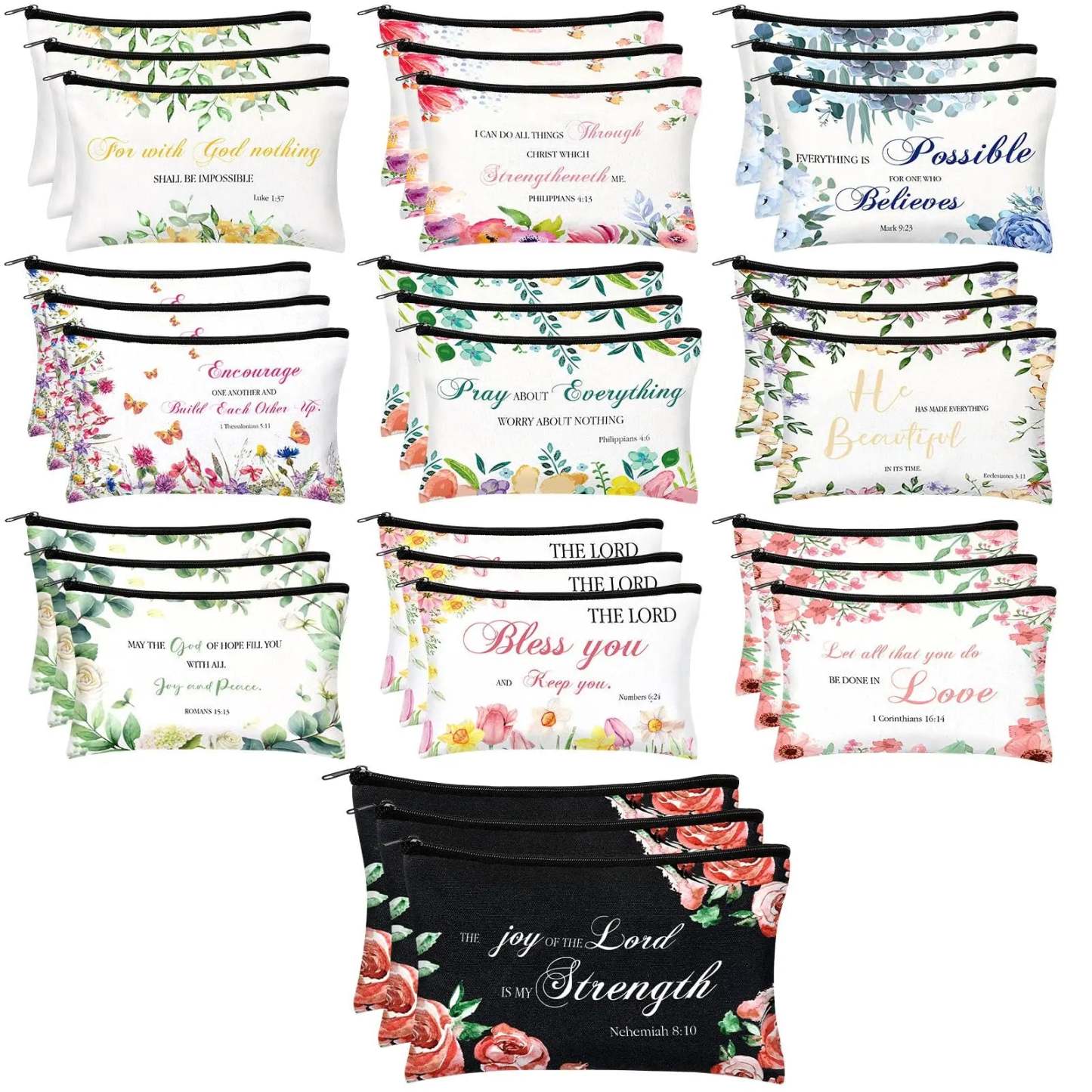 Christian Makeup Bag Gift for Women Bulk Faith Pocket Bag with Bible Verse Floral Pattern