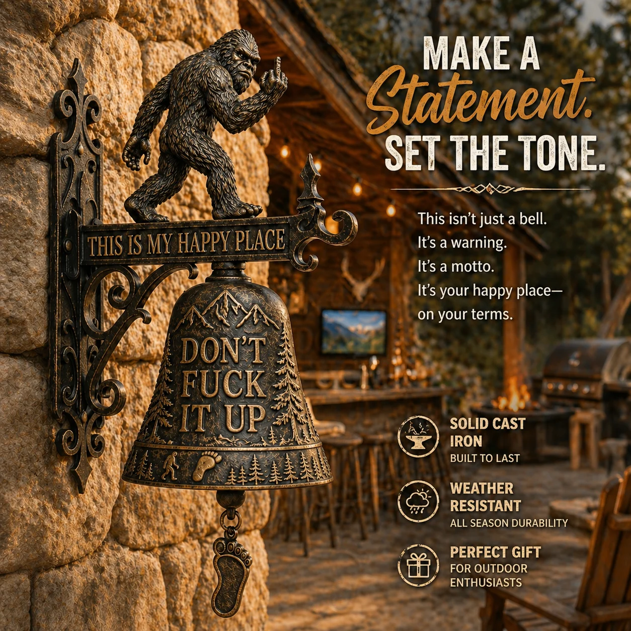 Bigfoot Funny Wall Bell – Rustic Sasquatch Doorbell Decor