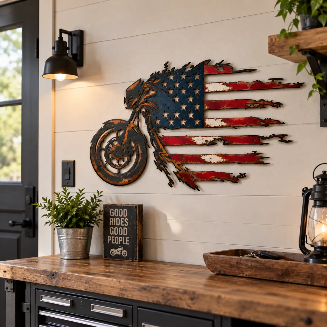 Patriotic Motorcycle American Flag Metal Wall Art
