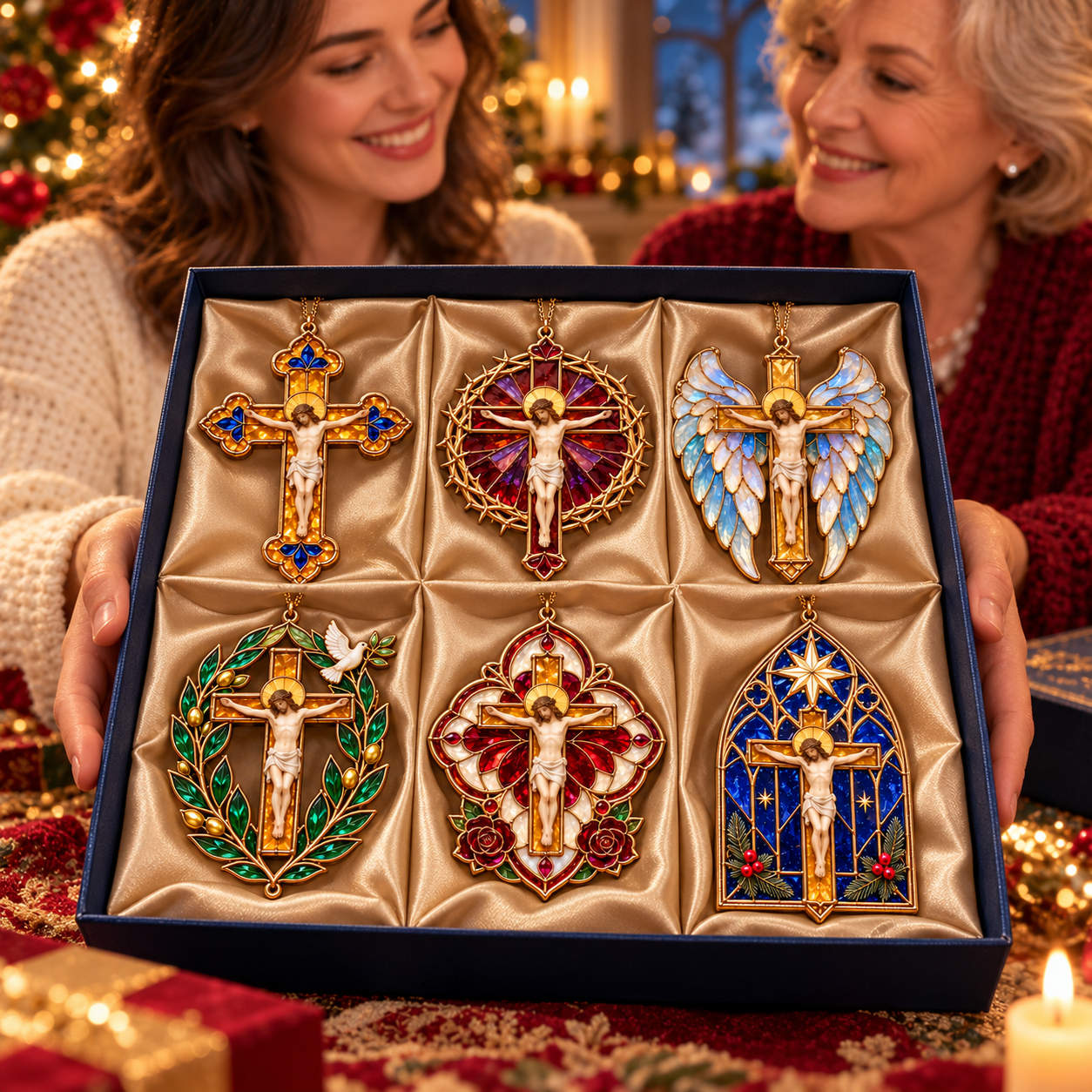 2026 Sacred Light — Vintage Stained Glass–Style Crucifix Christmas Ornaments 