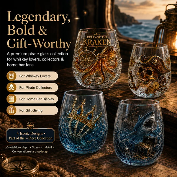 🌊 Release The Kraken Pirate Glass Collection | 7-Piece Legendary Ocean Treasure Crystal Set for Whiskey Lovers & Home Bar Collectors ⚓✨