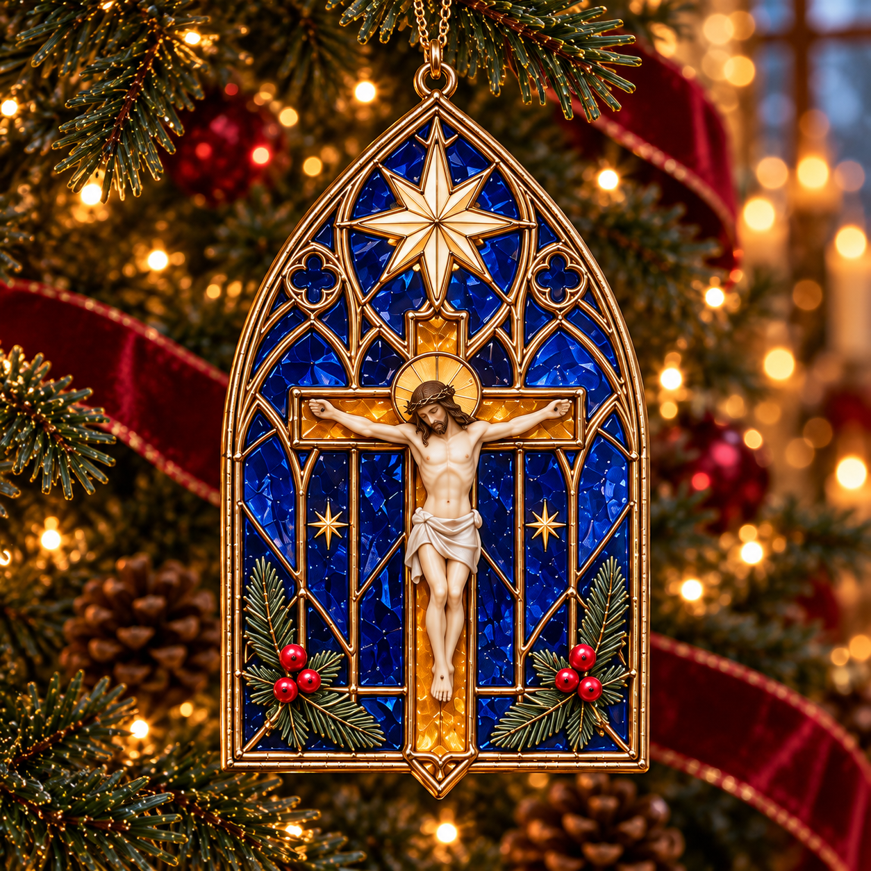 2026 Sacred Light — Vintage Stained Glass–Style Crucifix Christmas Ornaments 