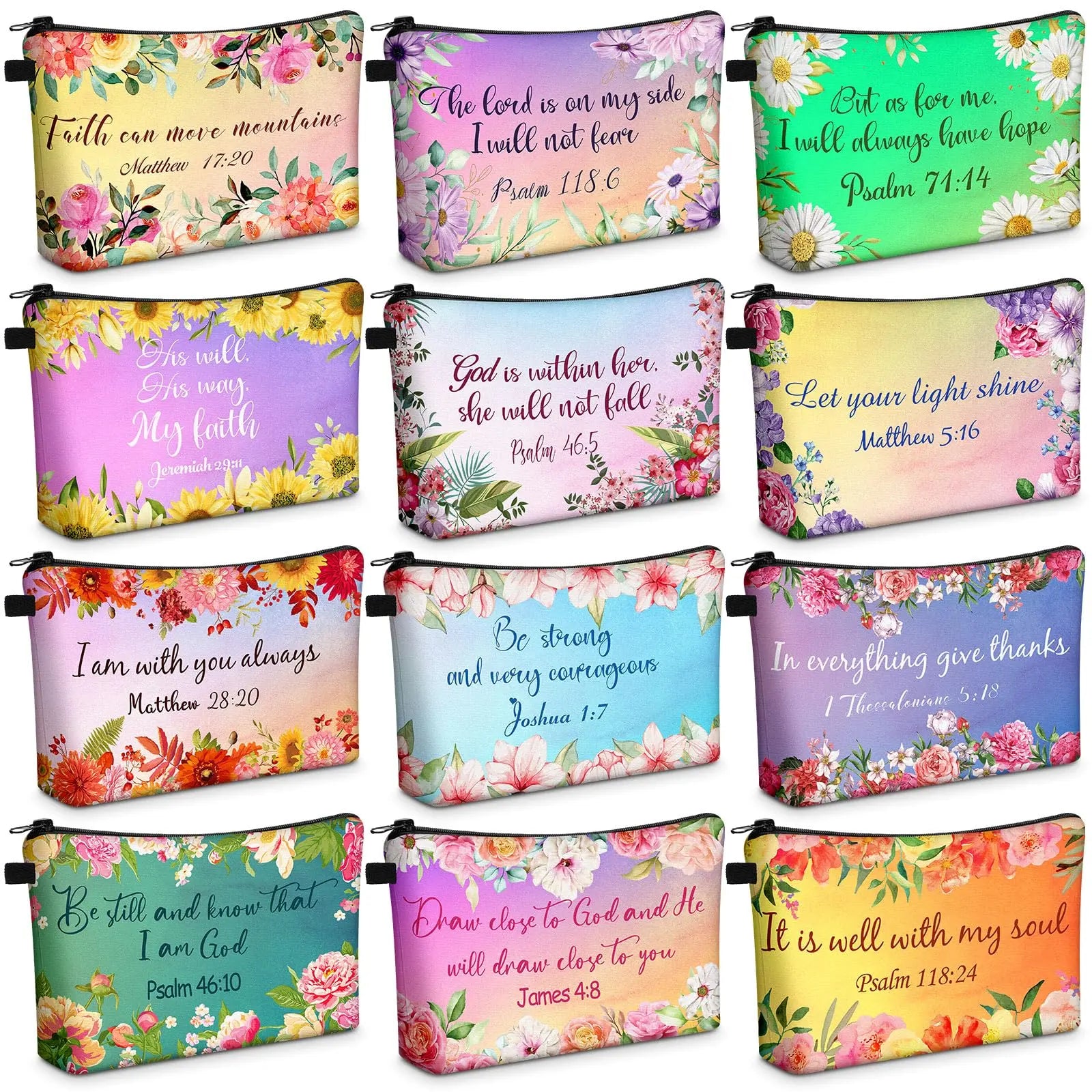 Christian Makeup Bag Gift for Women Bulk Faith Pocket Bag with Bible Verse Floral Pattern