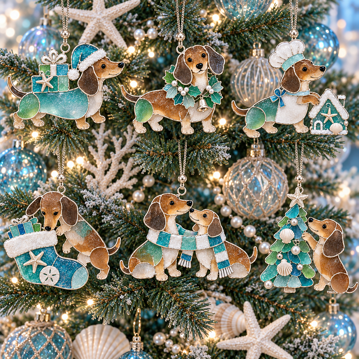Coastal Christmas Dachshund Ornament Set