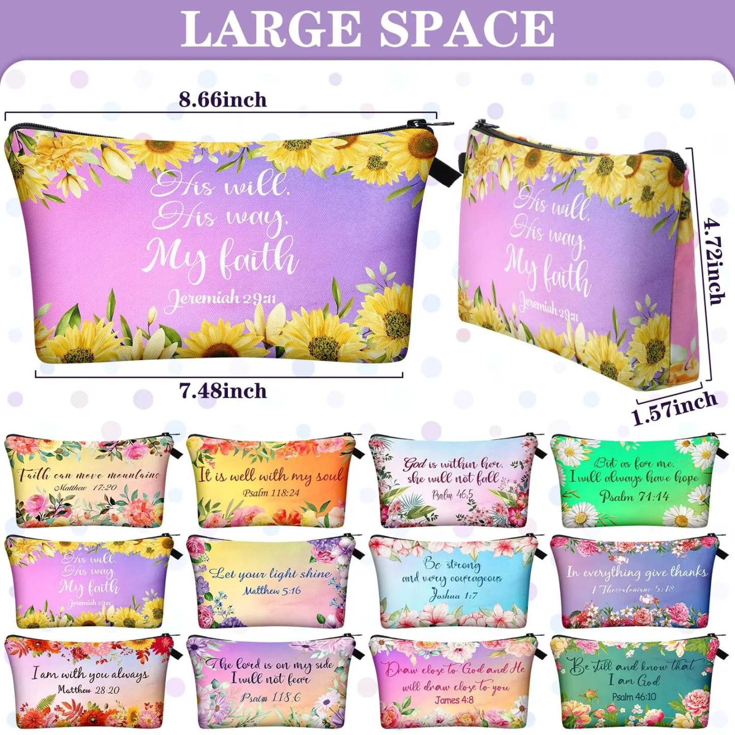 Christian Makeup Bag Gift for Women Bulk Faith Pocket Bag with Bible Verse Floral Pattern