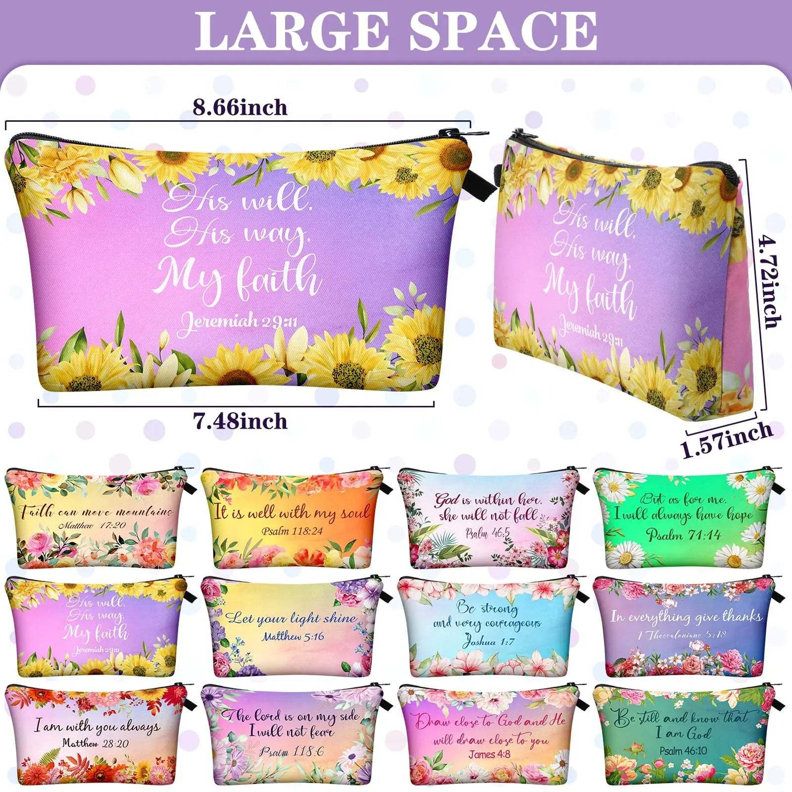 Christian Makeup Bag Gift for Women Bulk Faith Pocket Bag with Bible Verse Floral Pattern