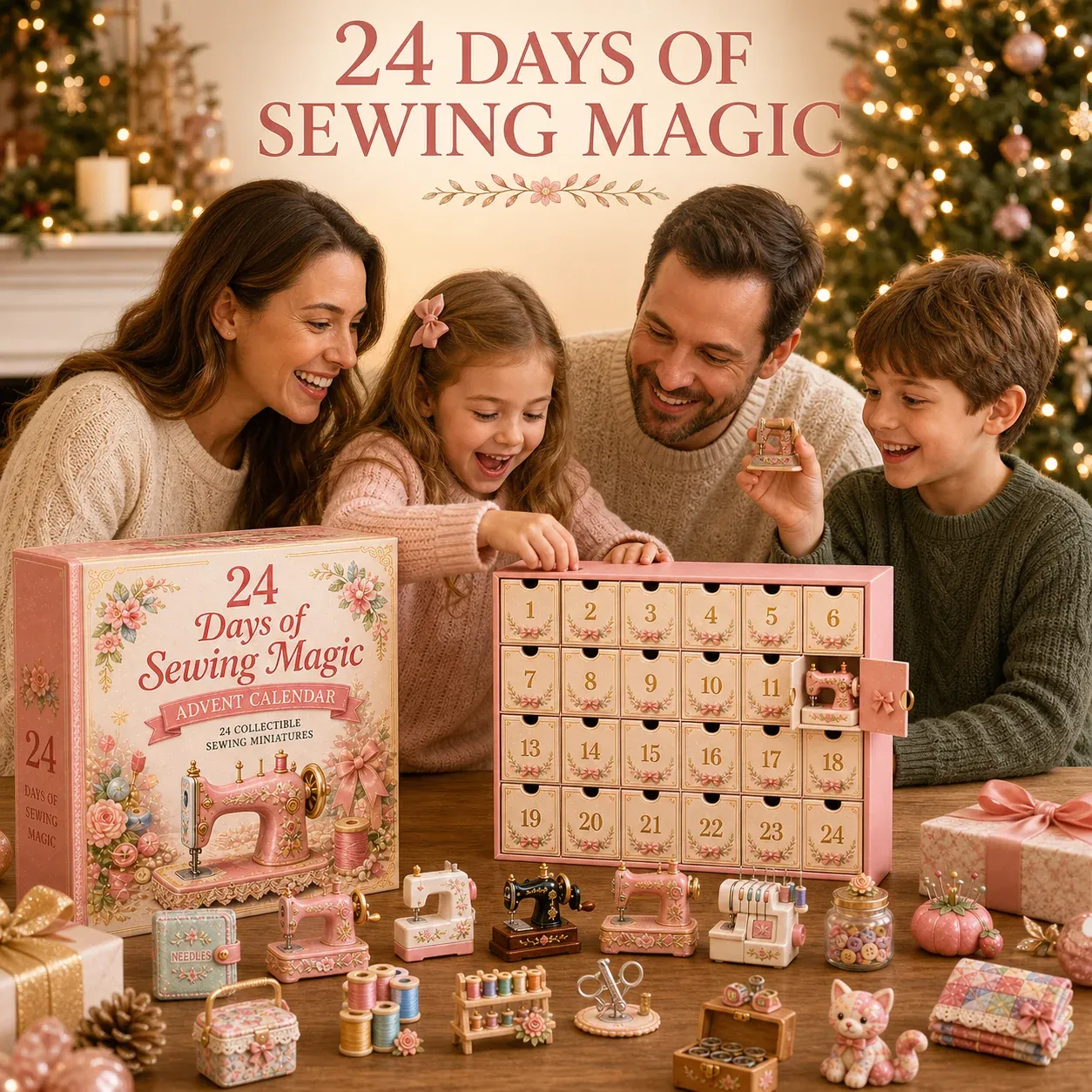 Family enjoying the sewing-themed Advent Calendar
