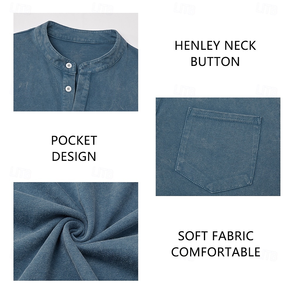 Men's Vintage Henley Shirt 100% Cotton Acid Wash Shirt T shirt Tee Long Sleeve Retro Vintage Casual Casual Spring Fall All Seasons Blue Black Pink Purple Brown Henley Henley T-Shirt 2026 - $32.19 –P1