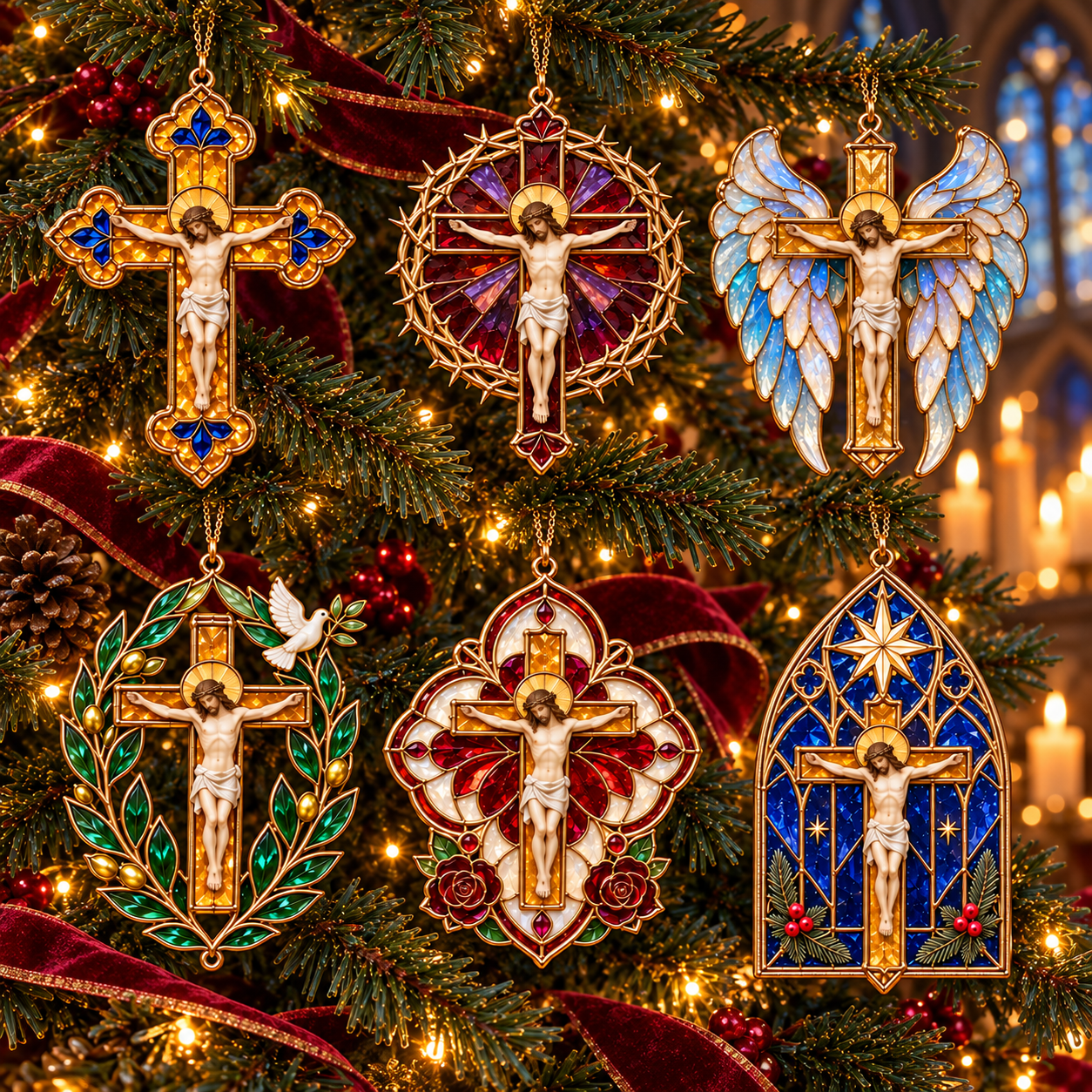 2026 Sacred Light — Vintage Stained Glass–Style Crucifix Christmas Ornaments 