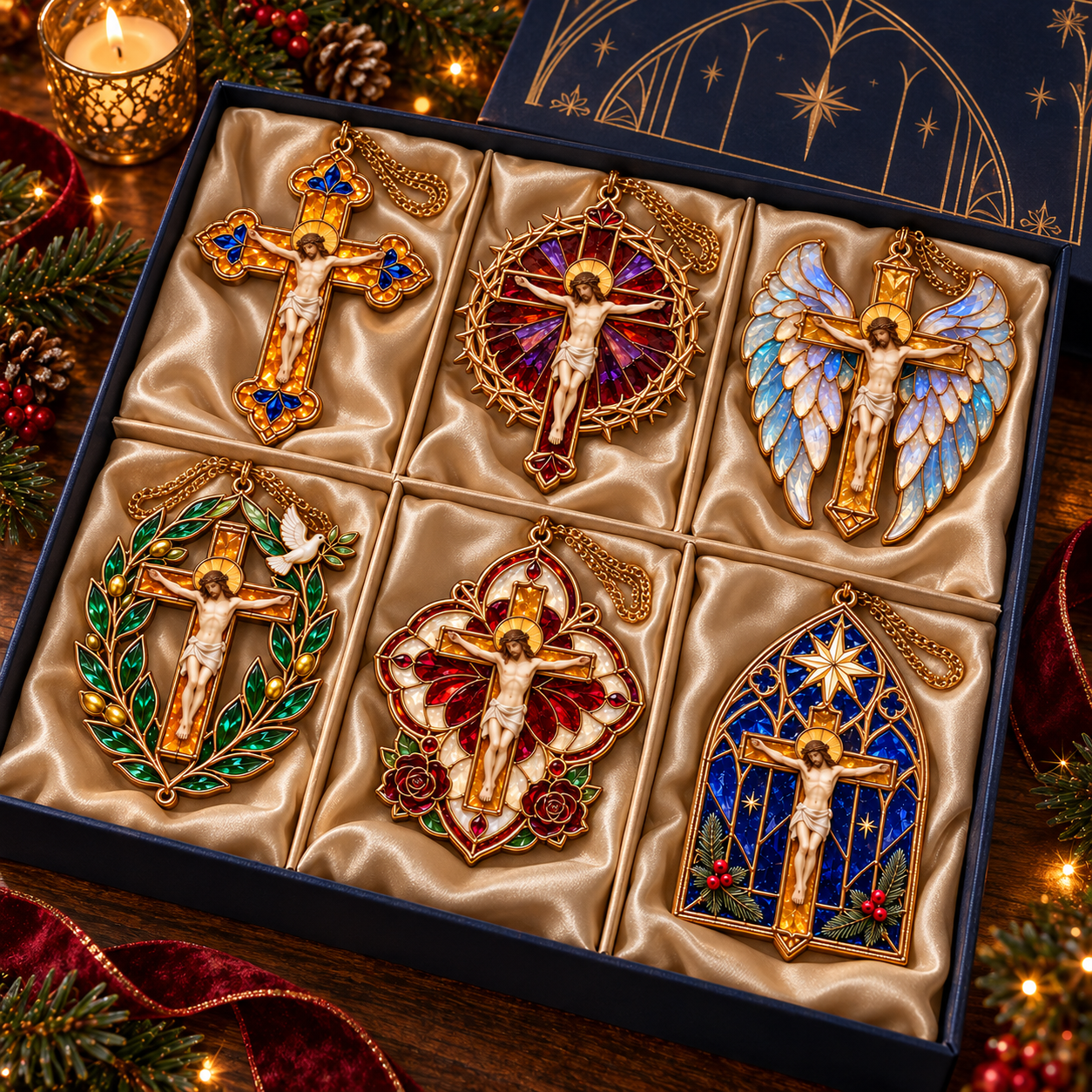 2026 Sacred Light — Vintage Stained Glass–Style Crucifix Christmas Ornaments 