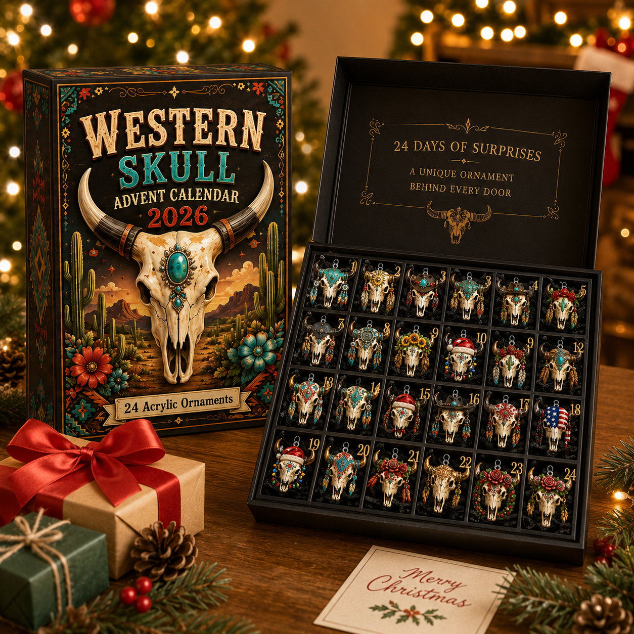 2026 Western Skull Advent Calendar – 24 Days of Unique Cowboy Christmas Ornaments