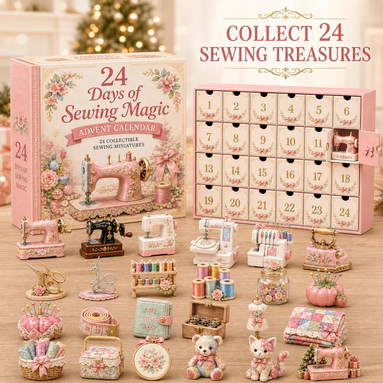 Collection of 24 sewing-themed miniature treasures