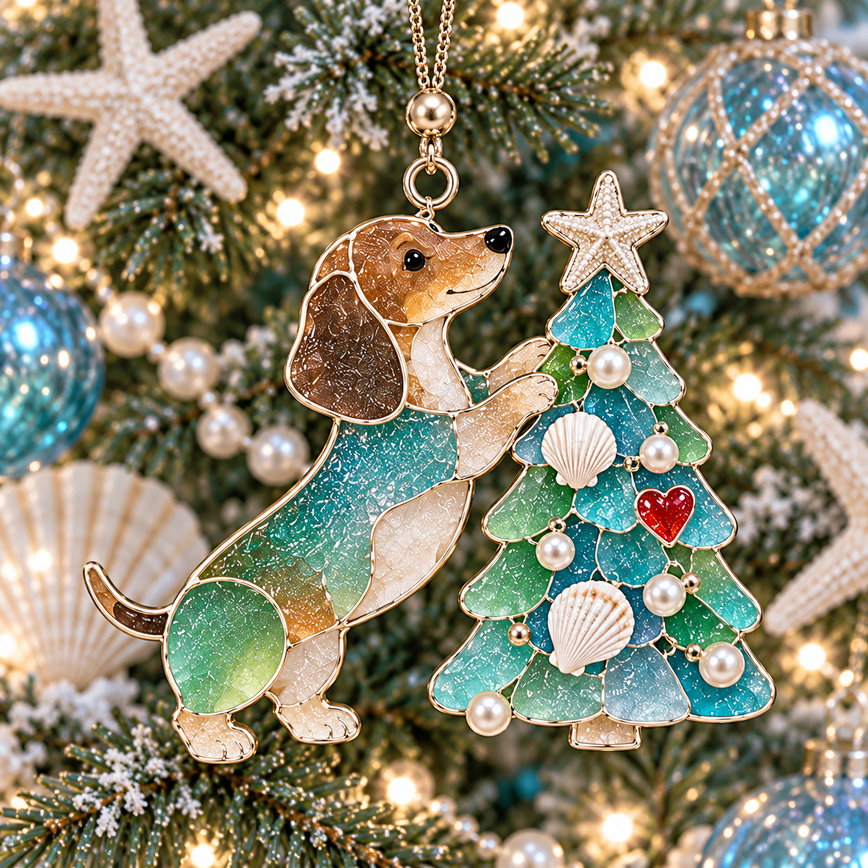 Coastal Christmas Dachshund Ornament Set