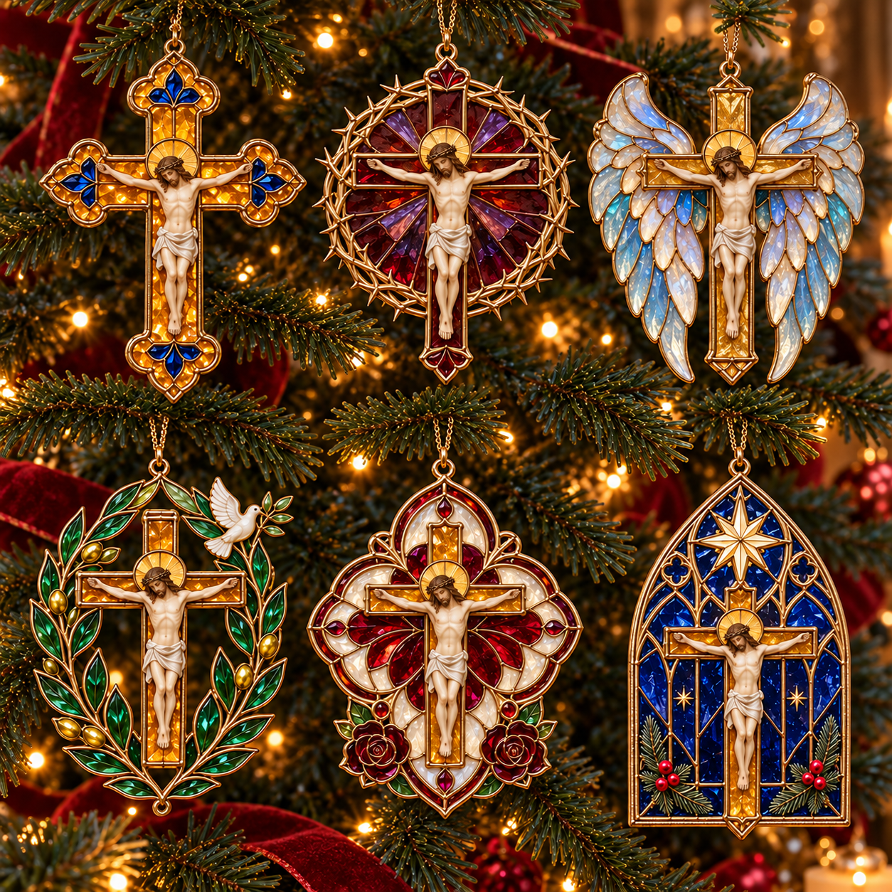 2026 Sacred Light — Vintage Stained Glass–Style Crucifix Christmas Ornaments 