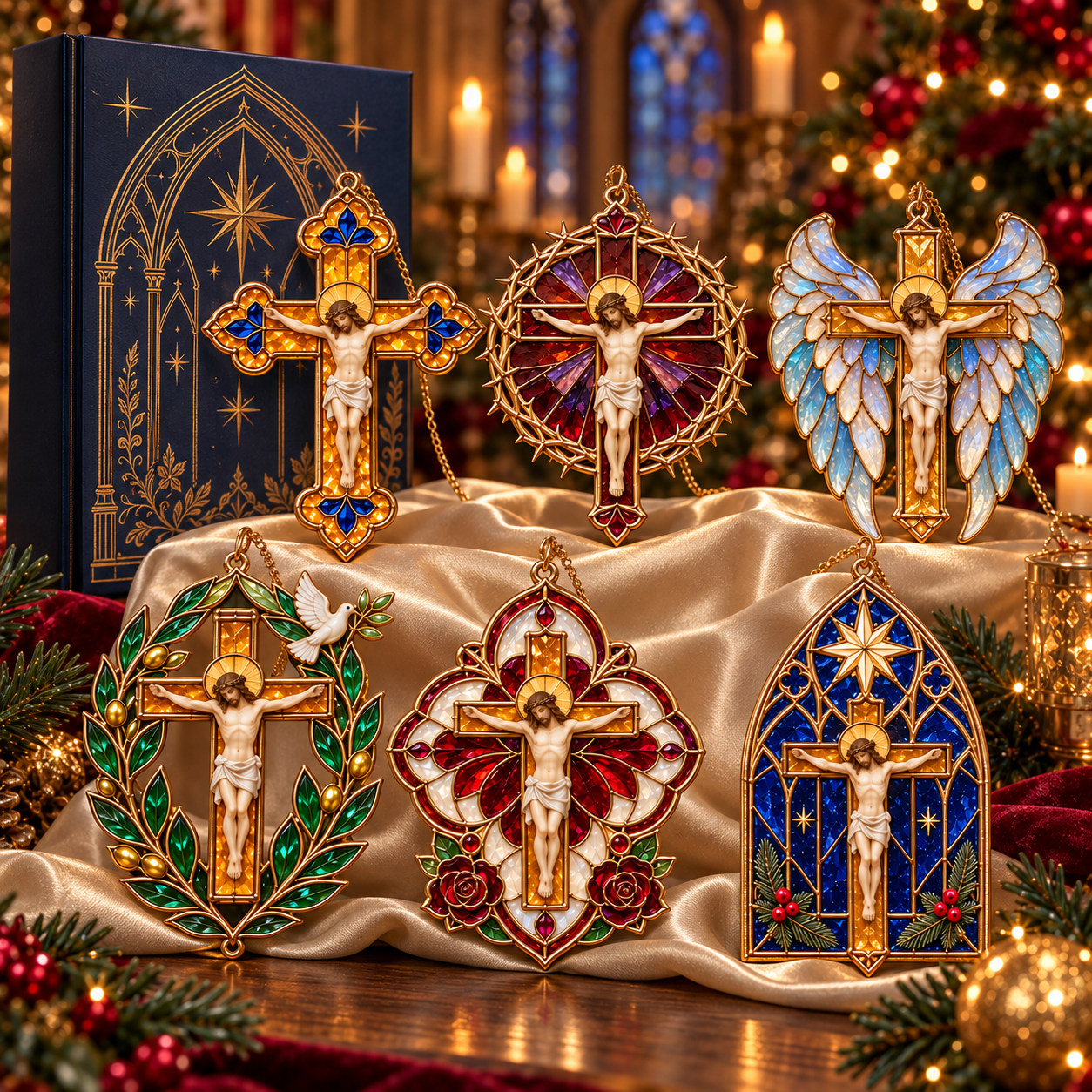 2026 Sacred Light — Vintage Stained Glass–Style Crucifix Christmas Ornaments 