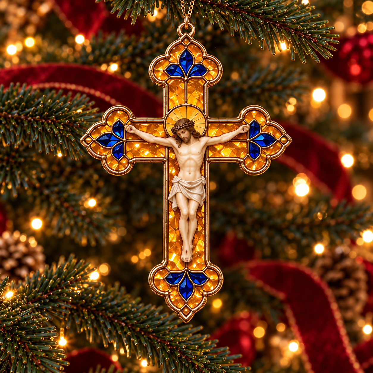 2026 Sacred Light — Vintage Stained Glass–Style Crucifix Christmas Ornaments 